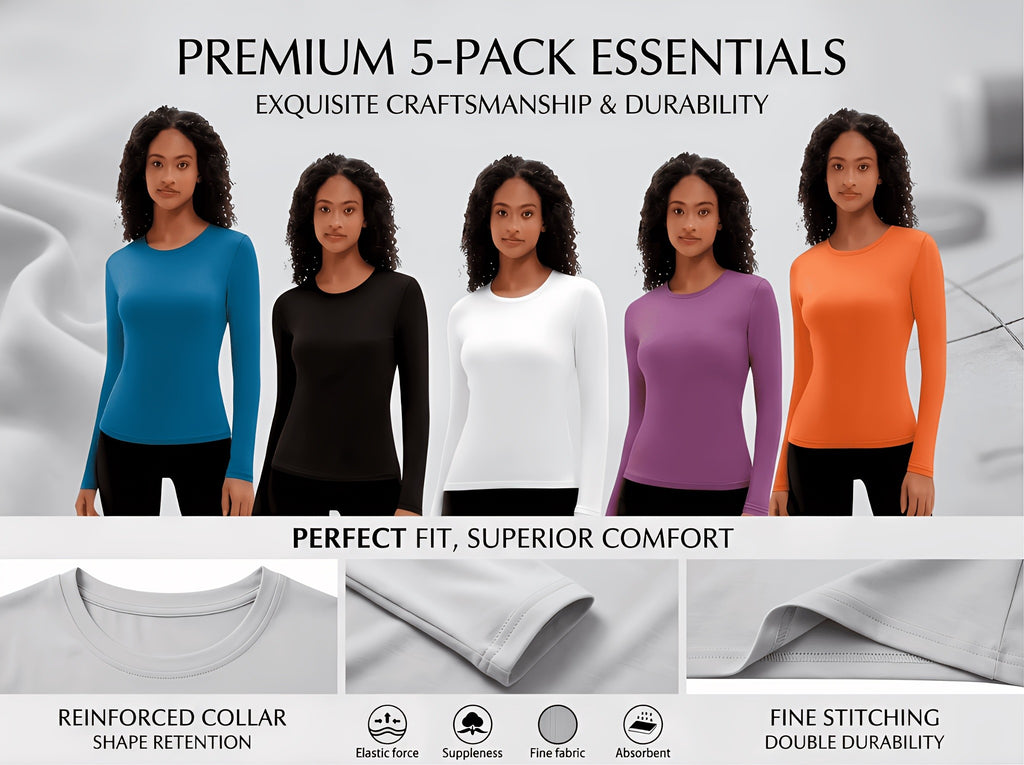 5-Pack Long Sleeve Women T-Shirts V-Neck Moisture-Wicking Breathable High Stretch Outdoor Solid Color Top Four Seasons Assorted Colors
