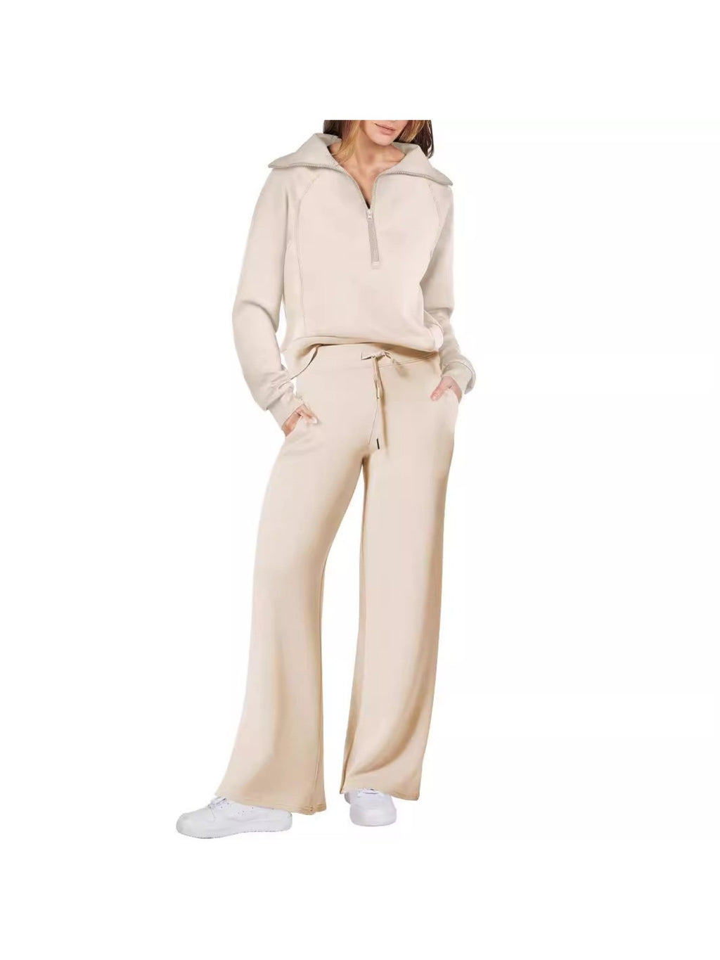 Zipper Sweatshirt Wide-Leg Pants 2 Piece Set Women Casual Tracksuit Outfit for Spring Fall - Loose Fit Jogger Co-ord Set