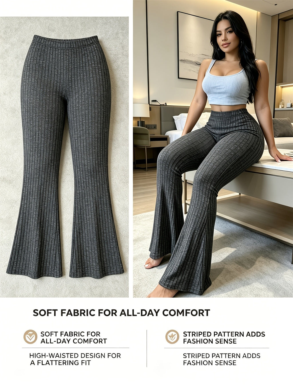 High Waist Flare Leg Pants Women 3-Pack Ribbed Stretchy Bootcut Curvy Black Gray S-XXL
