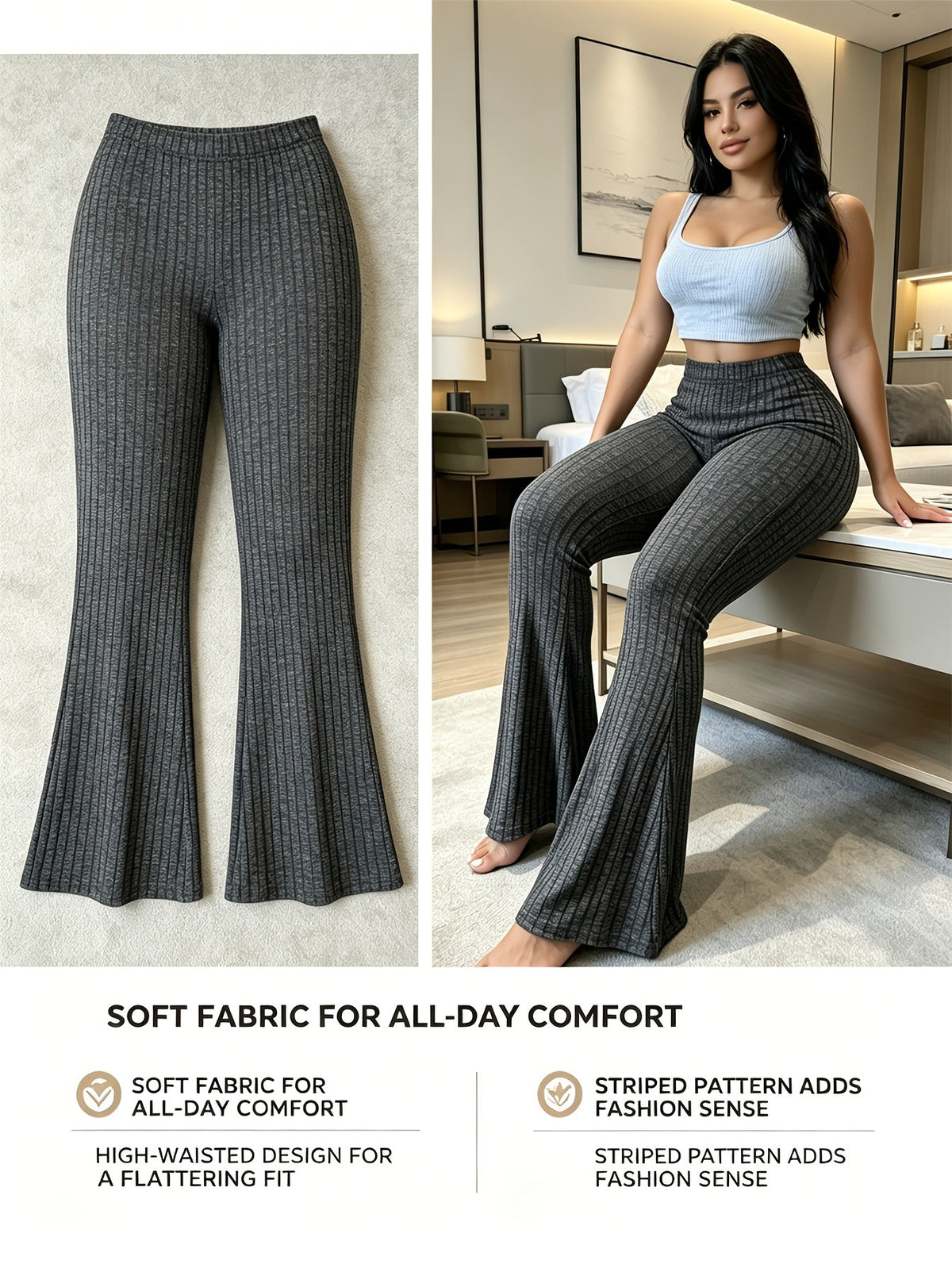 High Waist Flare Leg Pants Women 3-Pack Ribbed Stretchy Bootcut Curvy Black Gray S-XXL