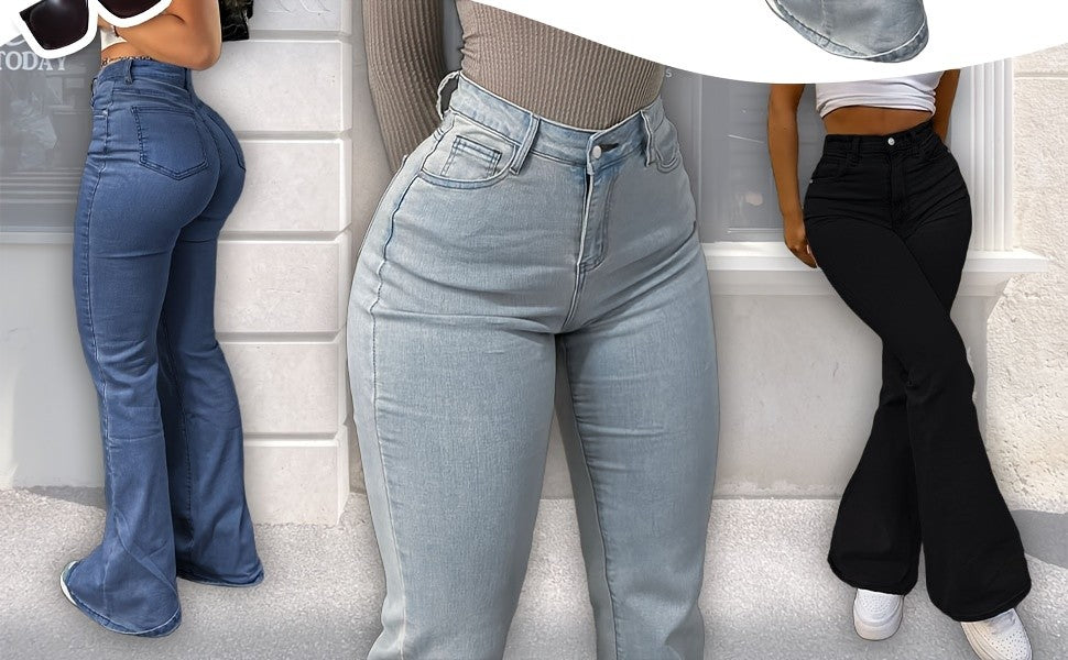 Women's Y2K Straight Leg Denim Pants High Elastic Vintage Street Style Solid Color Long Jeans Versatile Trendy Fashion Bottoms