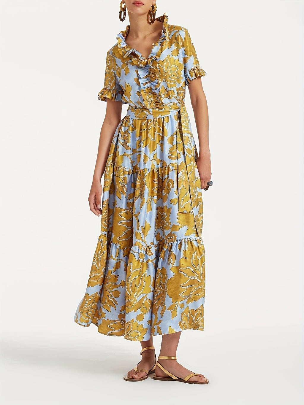 Floral Print Maxi Dress Women V-Neck Ruffle Chest Belted Waist Tiered Skirt with Pockets | Blue Yellow Short Sleeve Summer Dress