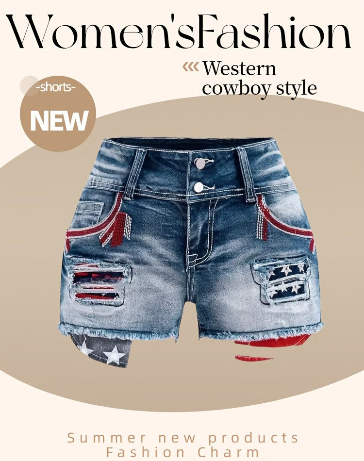 Stretch Denim Shorts for Women - Retro Color Block Embroidery Mid Rise Slim Fit, Built-In Zipper Machine Washable Cotton Blue Casual Jean Shorts for Spring Summer