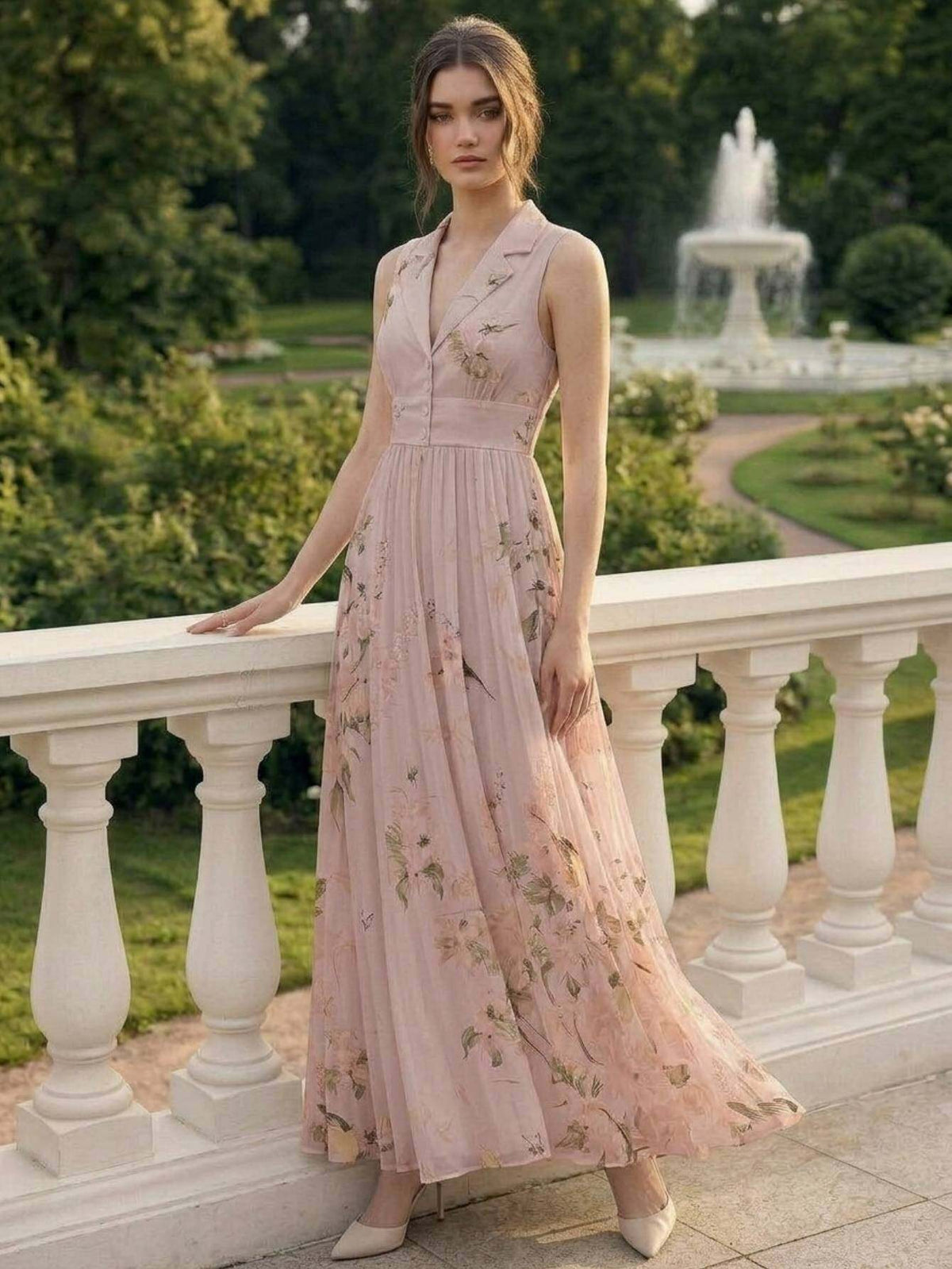 Vintage Print Lapel Dress Women Sleeveless Waist-Cinching Elegant A-Line Dress Spring Summer Date Afternoon Tea Semi-Formal Dress S-XXL