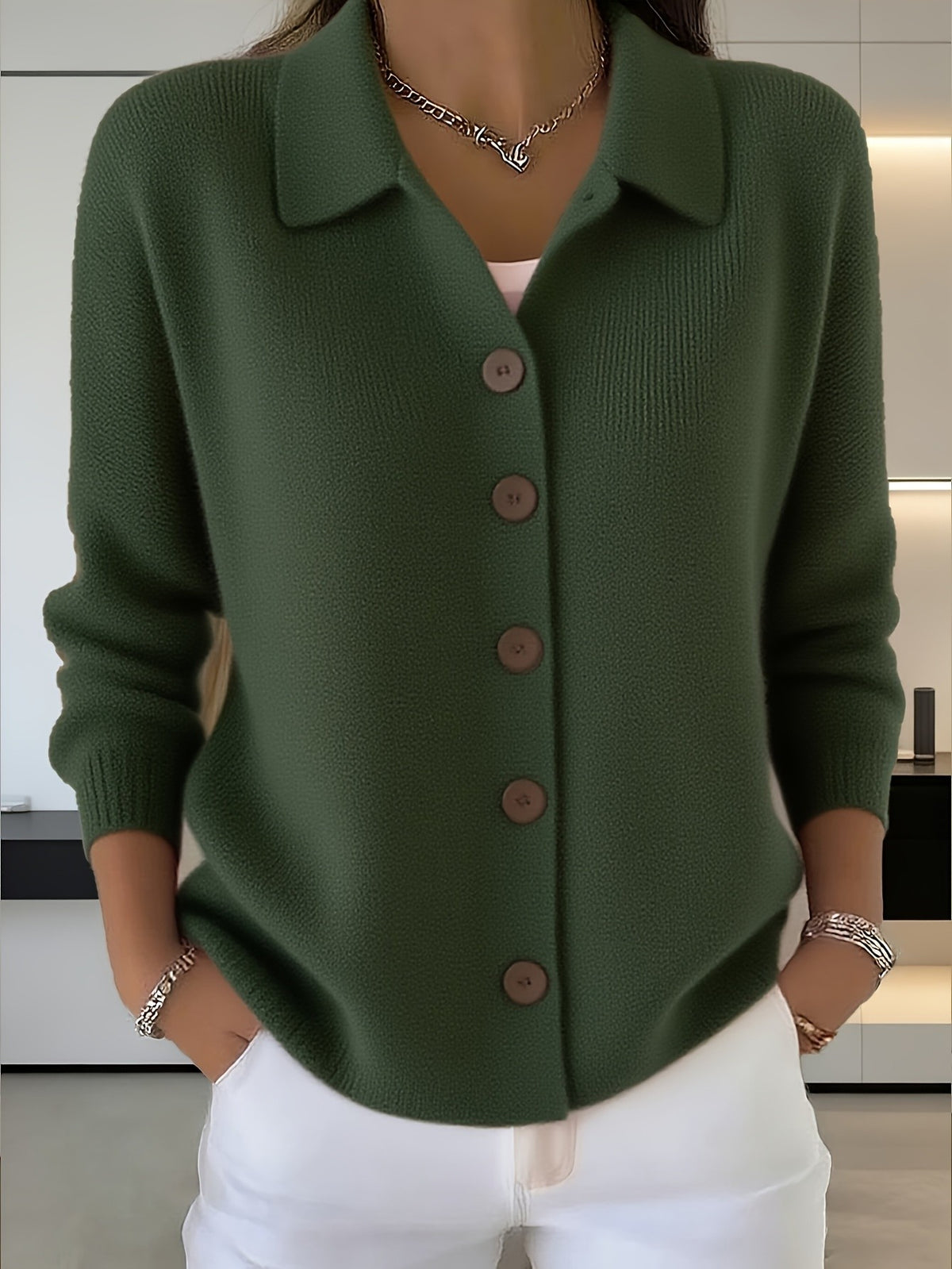 Button Lapel Knit Cardigan for Women – Solid Color Casual Knitwear Sweater, Elegant Layering Cardigan for Autumn & Winter Everyday Wear