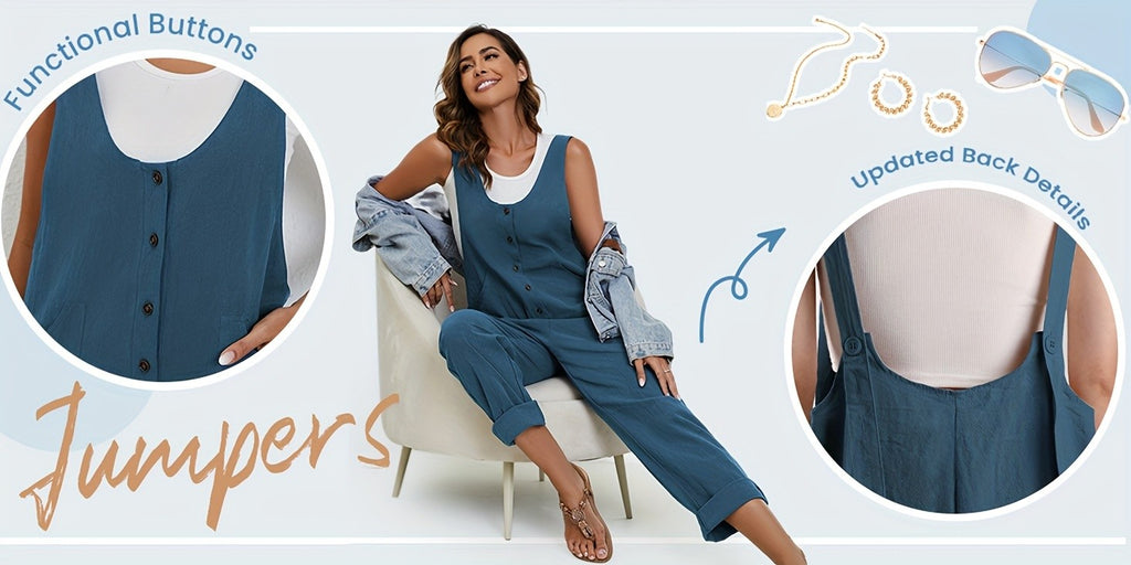 Linen Jumpsuit Women Wide Leg Casual Loose Overalls with Pockets Sleeveless Adjustable Strap Summer Palazzo Pants Romper Beige Black XS-XXL