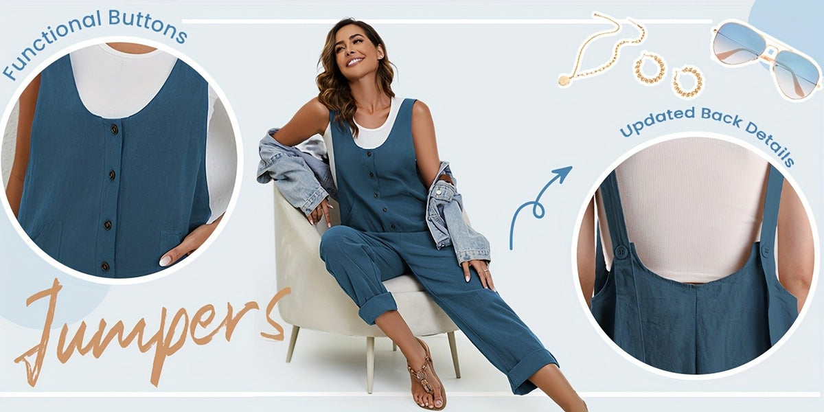 Linen Jumpsuit Women Wide Leg Casual Loose Overalls with Pockets Sleeveless Adjustable Strap Summer Palazzo Pants Romper Beige Black XS-XXL