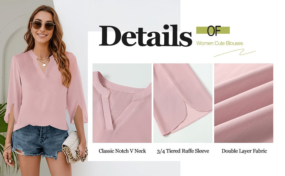 Chiffon Ruffle Blouse Women 3/4 Sleeve V-Neck Double Layer Loose Fit Casual Flowy Lightweight Top for Women