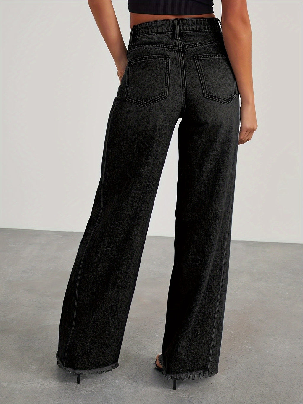 High-Waisted Wide Leg Jeans for Women - Casual Baggy Stretch Denim Pants with Pockets, Relaxed Fit Solid Color Trousers for Everyday & Weekend Wear