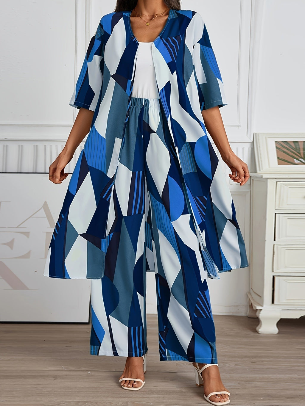 Women's 2 Piece Geo Print Pantsuit Set Short Sleeve Shirt and Wide Leg Pants Vacation Outfit Casual Elegant Summer Matching Set