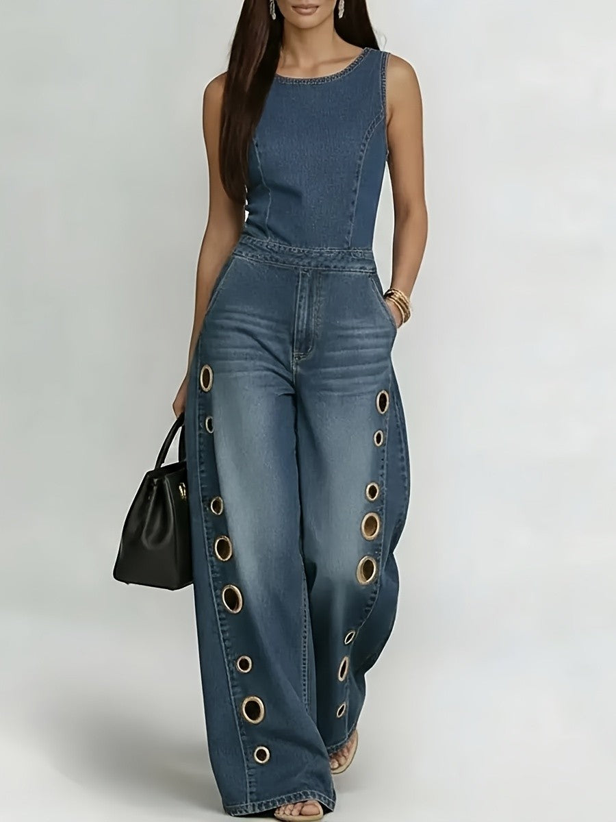 High Waist Wide Leg Jeans Women Retro Metal Eyelet Denim Pants Loose Casual Street Style Y2K Cool Streetwear