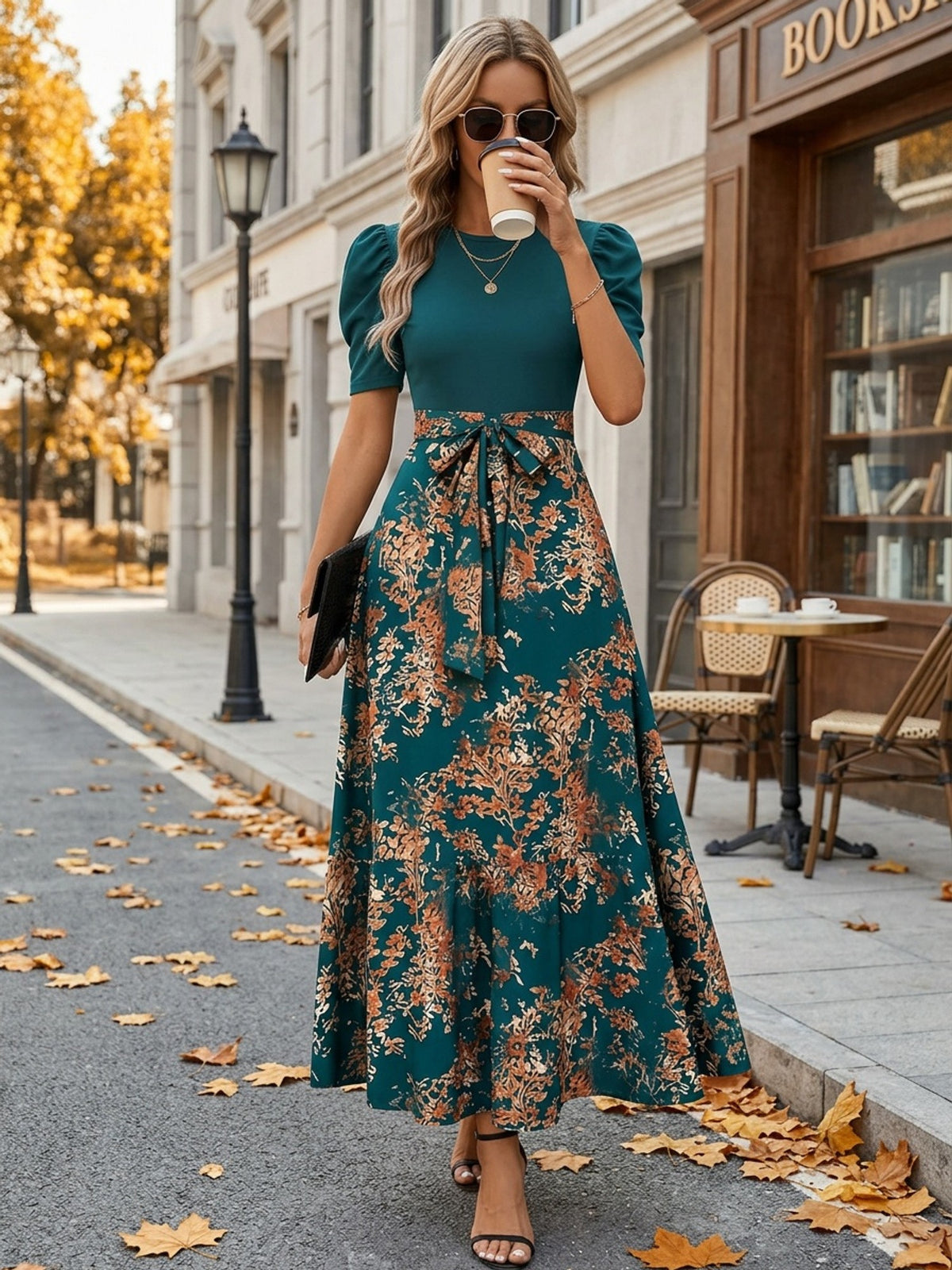 Floral Cinched Waist Long Maxi Dress Women Crew Neck Fitted Elegant Casual Dress for Business Afternoon Tea S-XXL