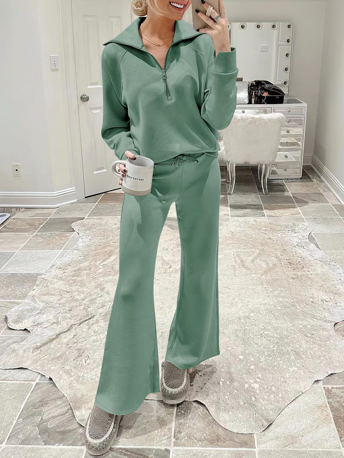 Zipper Sweatshirt Wide-Leg Pants 2 Piece Set Women Casual Tracksuit Outfit for Spring Fall - Loose Fit Jogger Co-ord Set