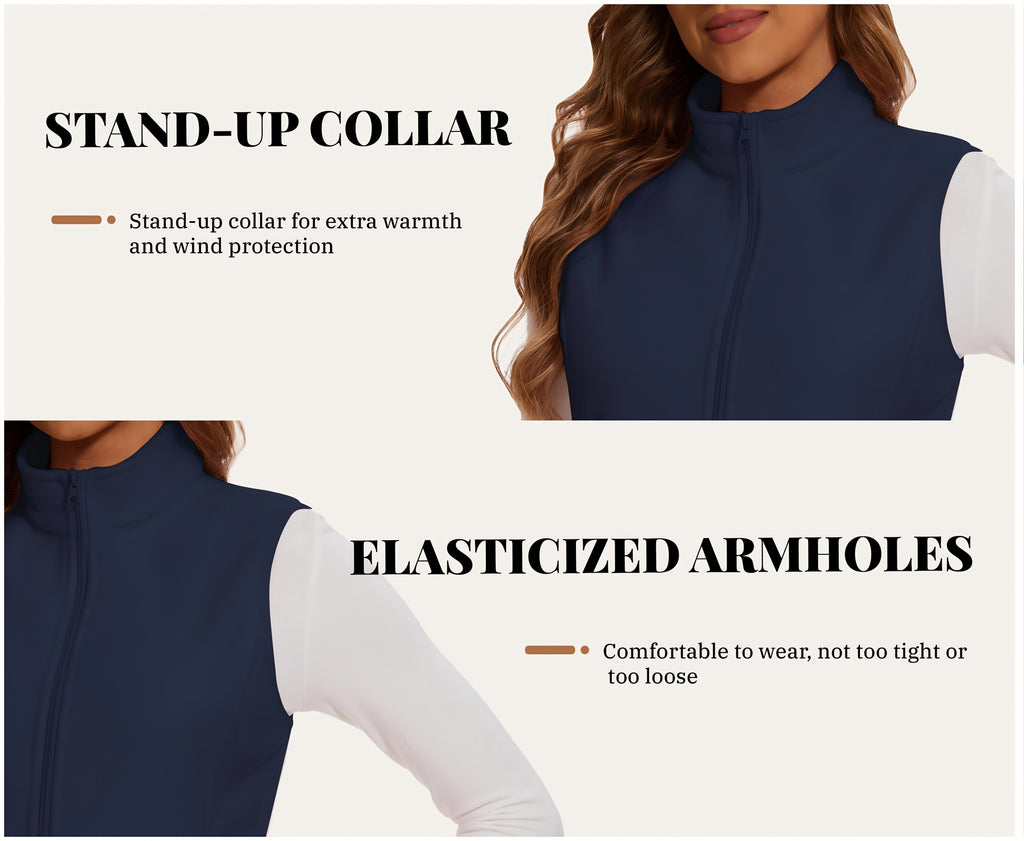 Women's Fleece Zip Vest Lightweight Warm Sleeveless Jacket Stand Collar 4 Pockets Windproof Outdoor Vest S-XXL