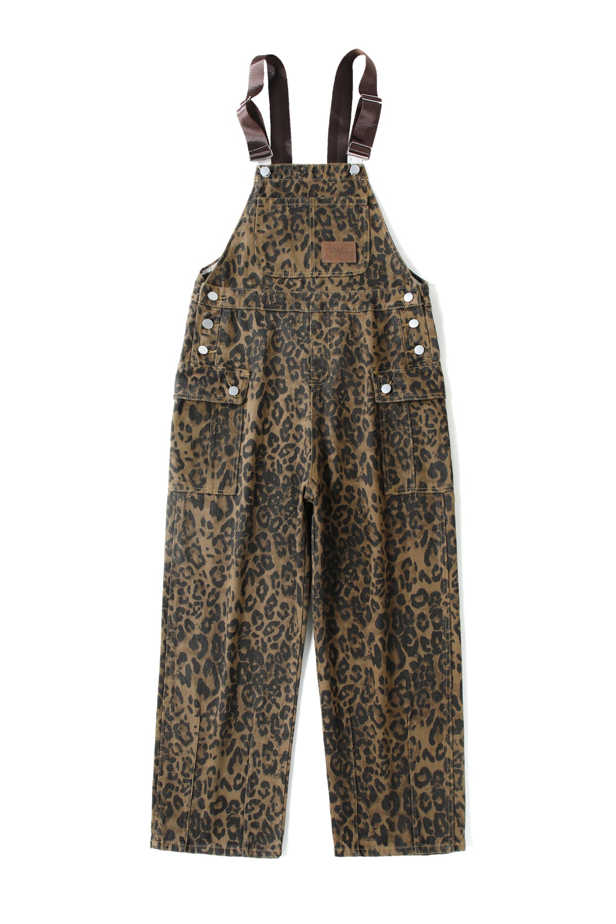 Leopard Print Denim Jumpsuit Women Multi-Pocket Loose Wide-Leg Retro Straight Leg One-Piece All Seasons S-XXL