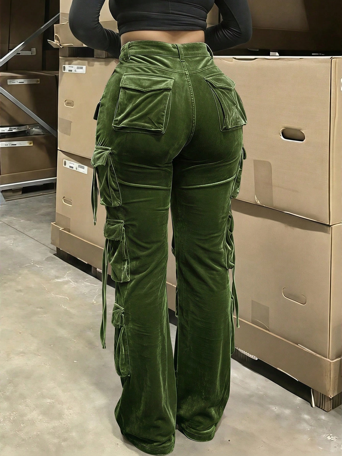 Velvet Cargo Flare Pants Women High Waist Y2K Streetwear Trousers Sexy Night Out Party Outfits Multi Color XS-L