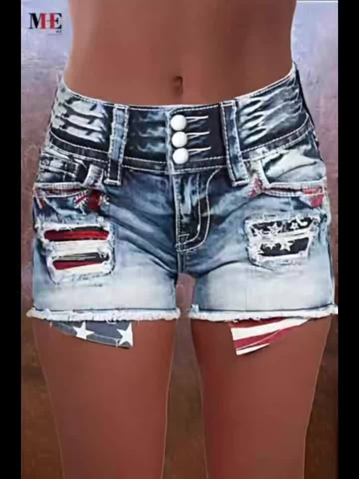 Stretch Denim Shorts for Women - Retro Color Block Embroidery Mid Rise Slim Fit, Built-In Zipper Machine Washable Cotton Blue Casual Jean Shorts for Spring Summer