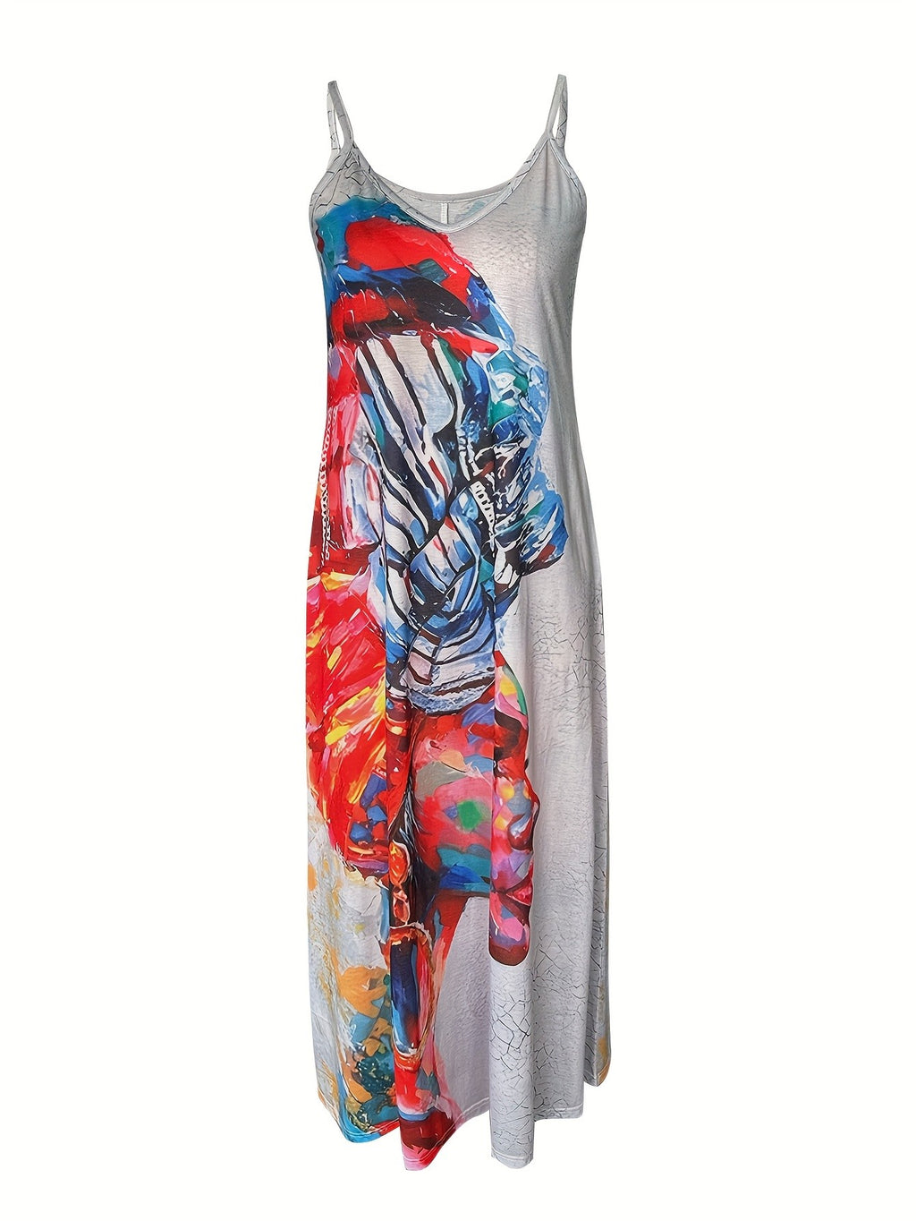 Portrait Print Spaghetti Strap Maxi Dress Women Long Summer Casual Boho European American Style Dress S-XXL
