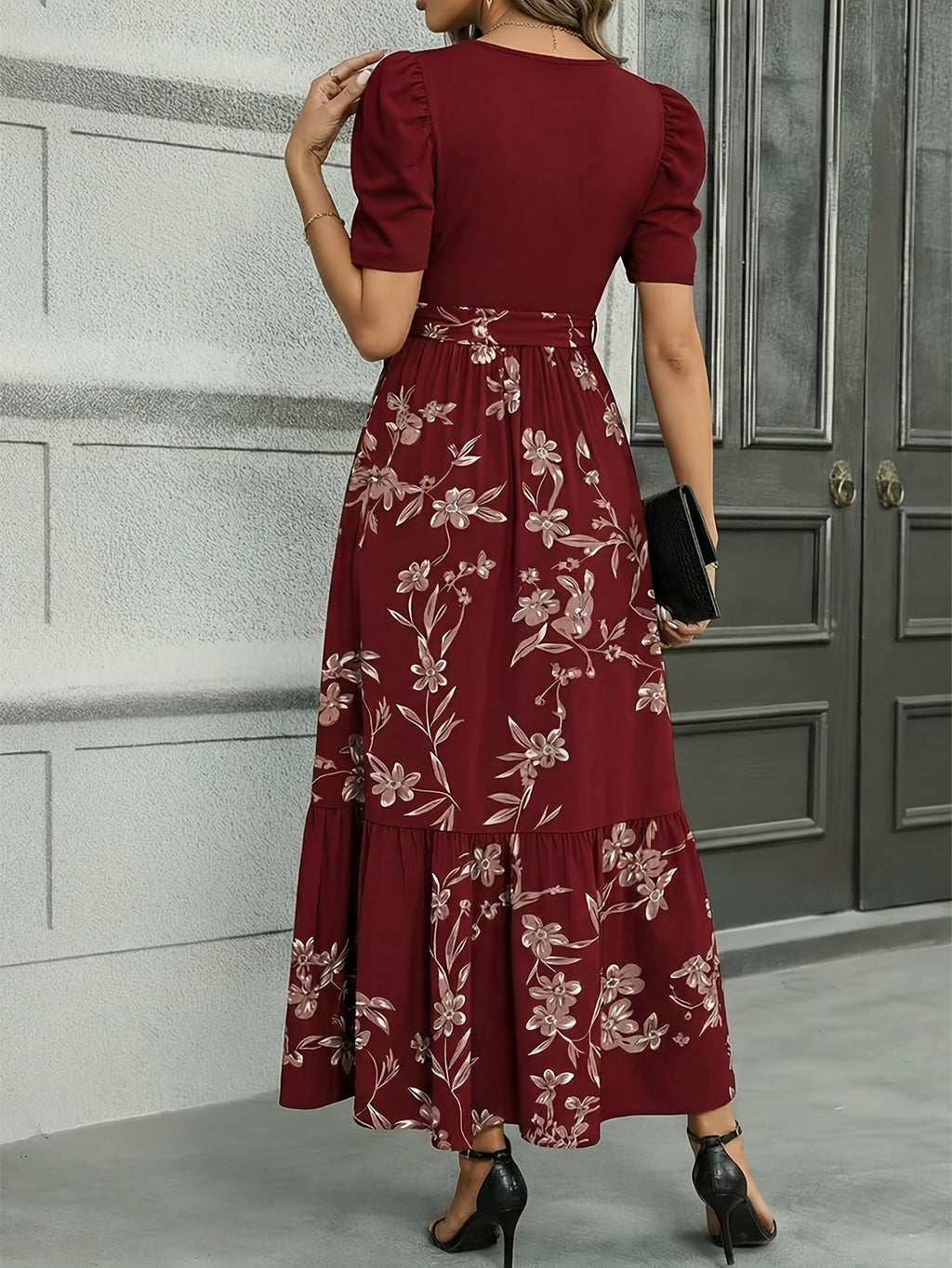 Floral Cinched Waist Long Maxi Dress Women Crew Neck Fitted Elegant Casual Dress for Business Afternoon Tea S-XXL
