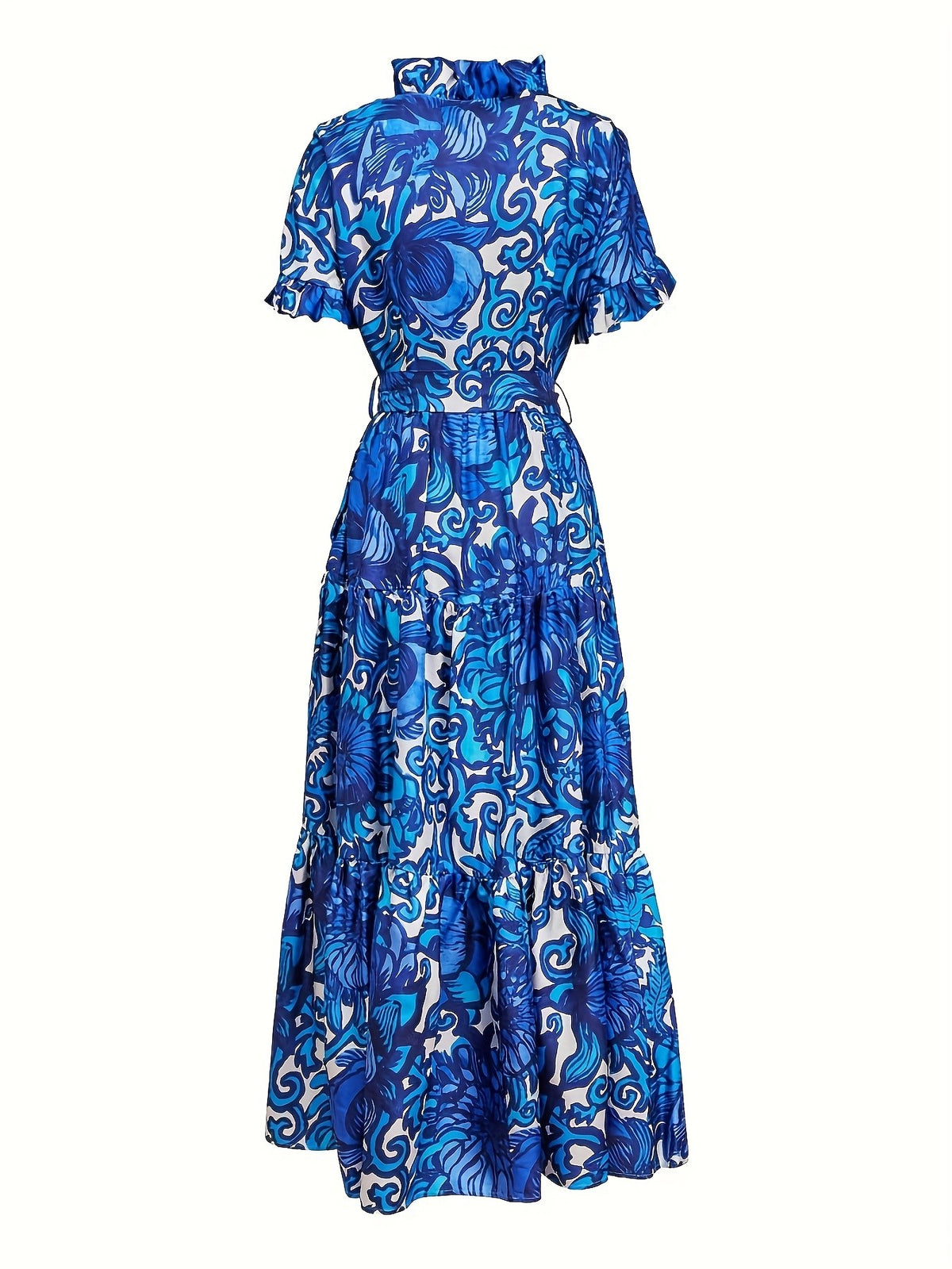 Floral Print Maxi Dress Women V-Neck Ruffle Chest Belted Waist Tiered Skirt with Pockets | Blue Yellow Short Sleeve Summer Dress