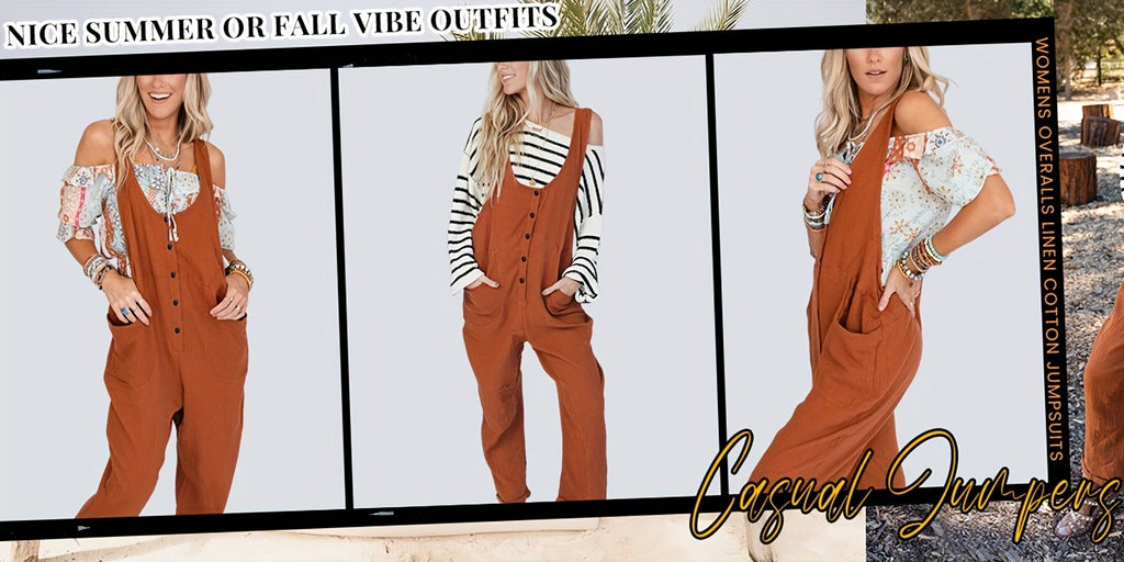 Linen Jumpsuit Women Wide Leg Casual Loose Overalls with Pockets Sleeveless Adjustable Strap Summer Palazzo Pants Romper Beige Black XS-XXL
