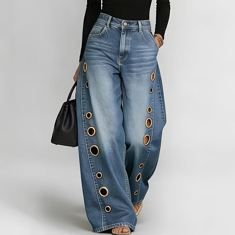 High Waist Wide Leg Jeans Women Retro Metal Eyelet Denim Pants Loose Casual Street Style Y2K Cool Streetwear