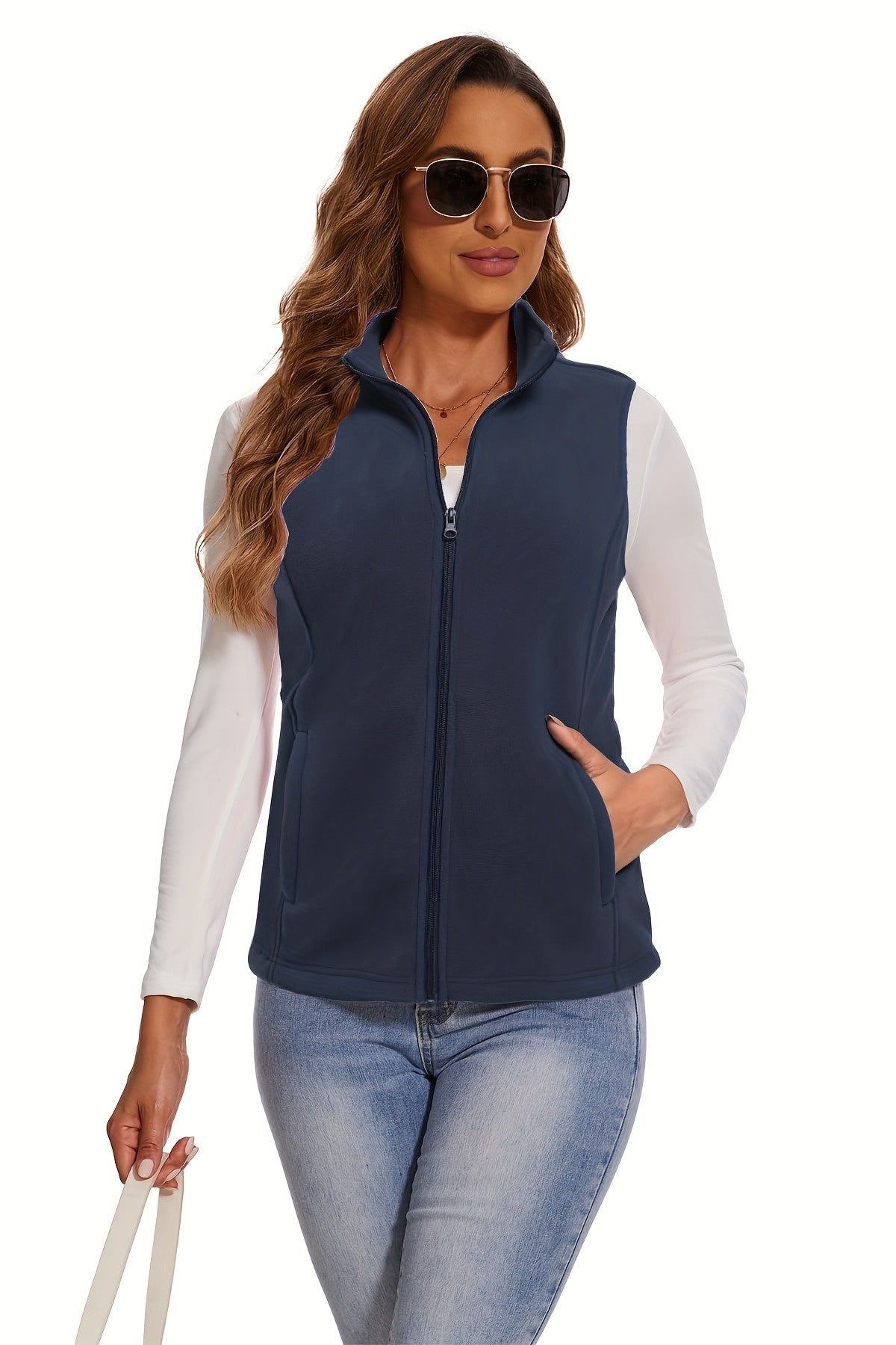 Women's Fleece Zip Vest Lightweight Warm Sleeveless Jacket Stand Collar 4 Pockets Windproof Outdoor Vest S-XXL