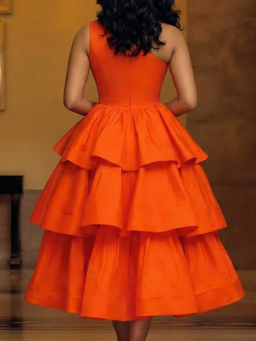 Orange One-Shoulder Cutout Tiered Midi Dress for Women – Eye-Catching Party Gown for Birthday Dinners, Gatherings & Summer Events