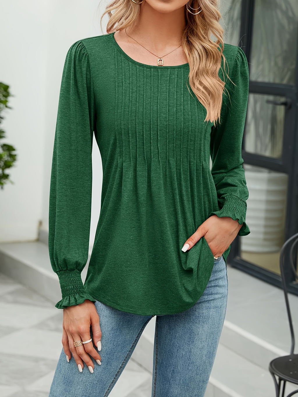 Puff Long Sleeve Tunic Top Women Pleated Crew Neck Loose Blouse Casual Elegant Fall Shirt Soft Flowy Top White Purple Green S-XXL