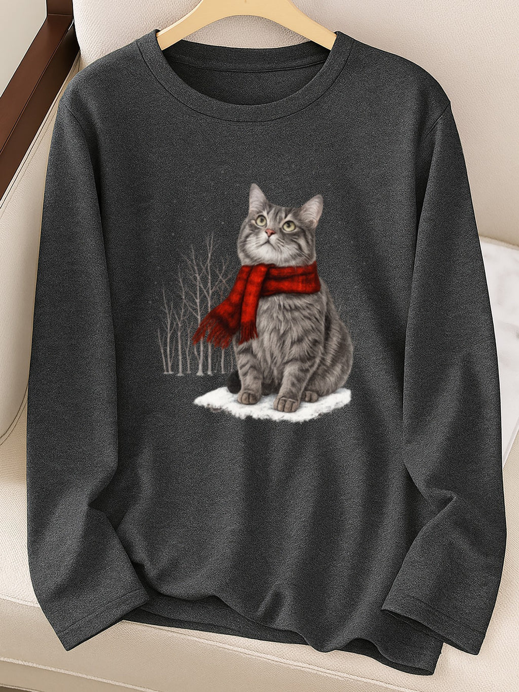 Christmas Cat Print Women Long Sleeve T-Shirt Crew Neck Casual Holiday Graphic Tee Soft Breathable Multi-Color Top Spring Fall