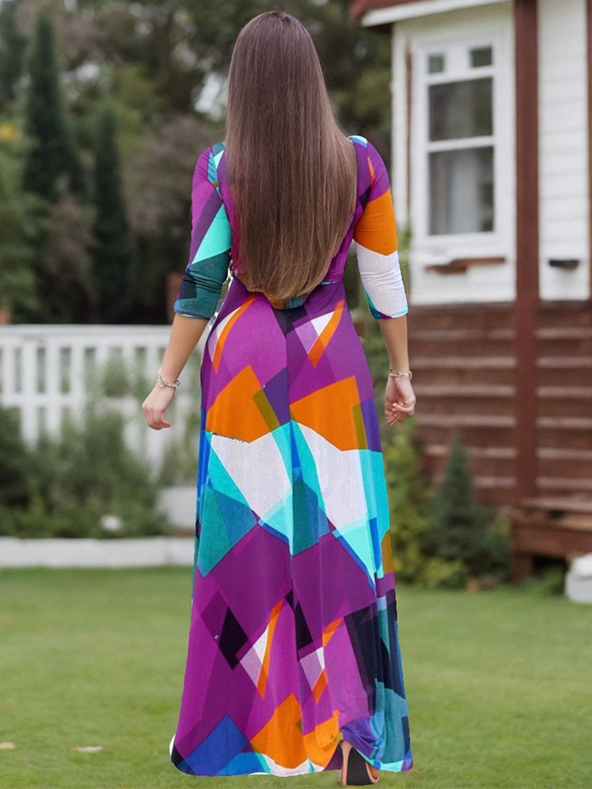 V-Neck Tie Waist Pocket Dress Women Three Quarter Sleeve Print Casual Tunic Dress Everyday Relaxed Fit Spring Summer Dress S-XXL