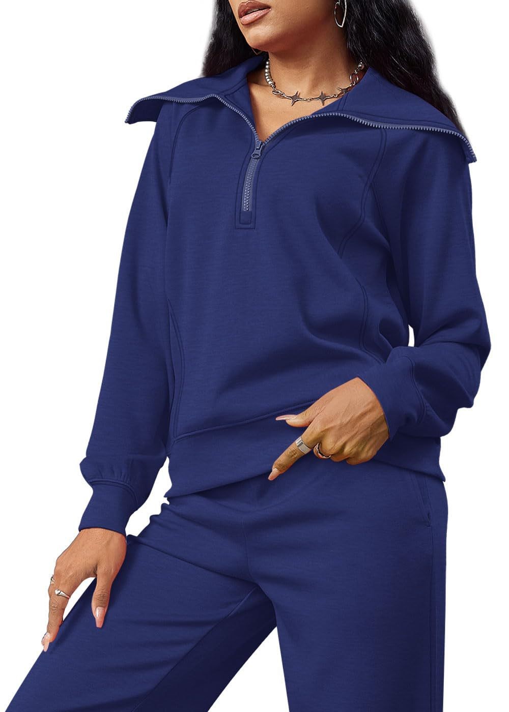 Zipper Sweatshirt Wide-Leg Pants 2 Piece Set Women Casual Tracksuit Outfit for Spring Fall - Loose Fit Jogger Co-ord Set