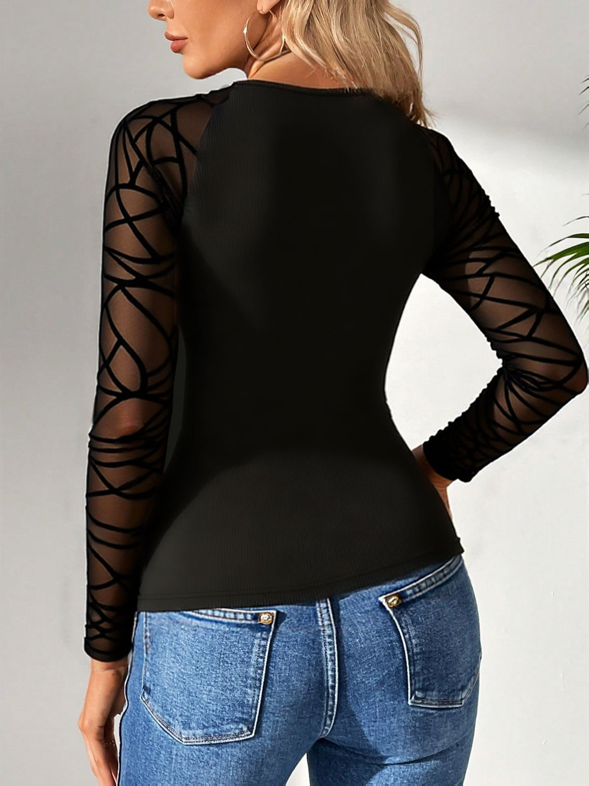 Mesh Panel Long Sleeve Slim Fit Top for Women Stretchy Contrast Mesh Round Neck Casual Spring Fall Office Party Viscose Blend Blouse