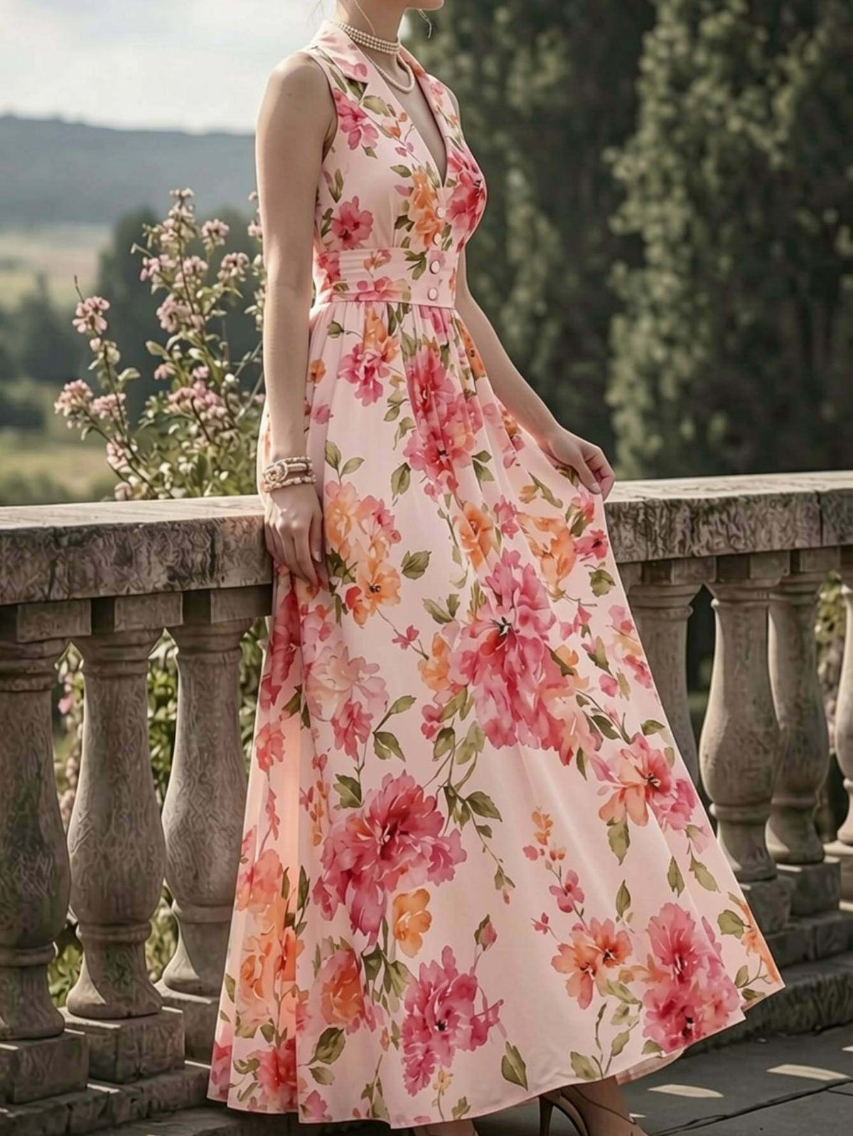 Vintage Print Lapel Dress Women Sleeveless Waist-Cinching Elegant A-Line Dress Spring Summer Date Afternoon Tea Semi-Formal Dress S-XXL