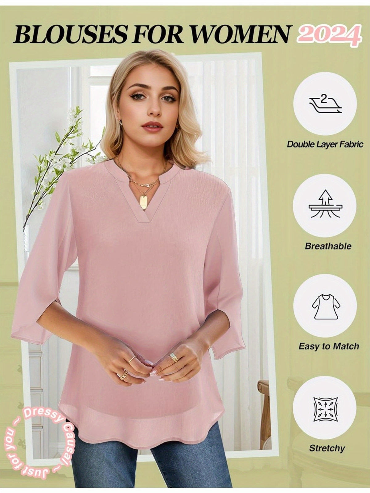 Chiffon Ruffle Blouse Women 3/4 Sleeve V-Neck Double Layer Loose Fit Casual Flowy Lightweight Top for Women