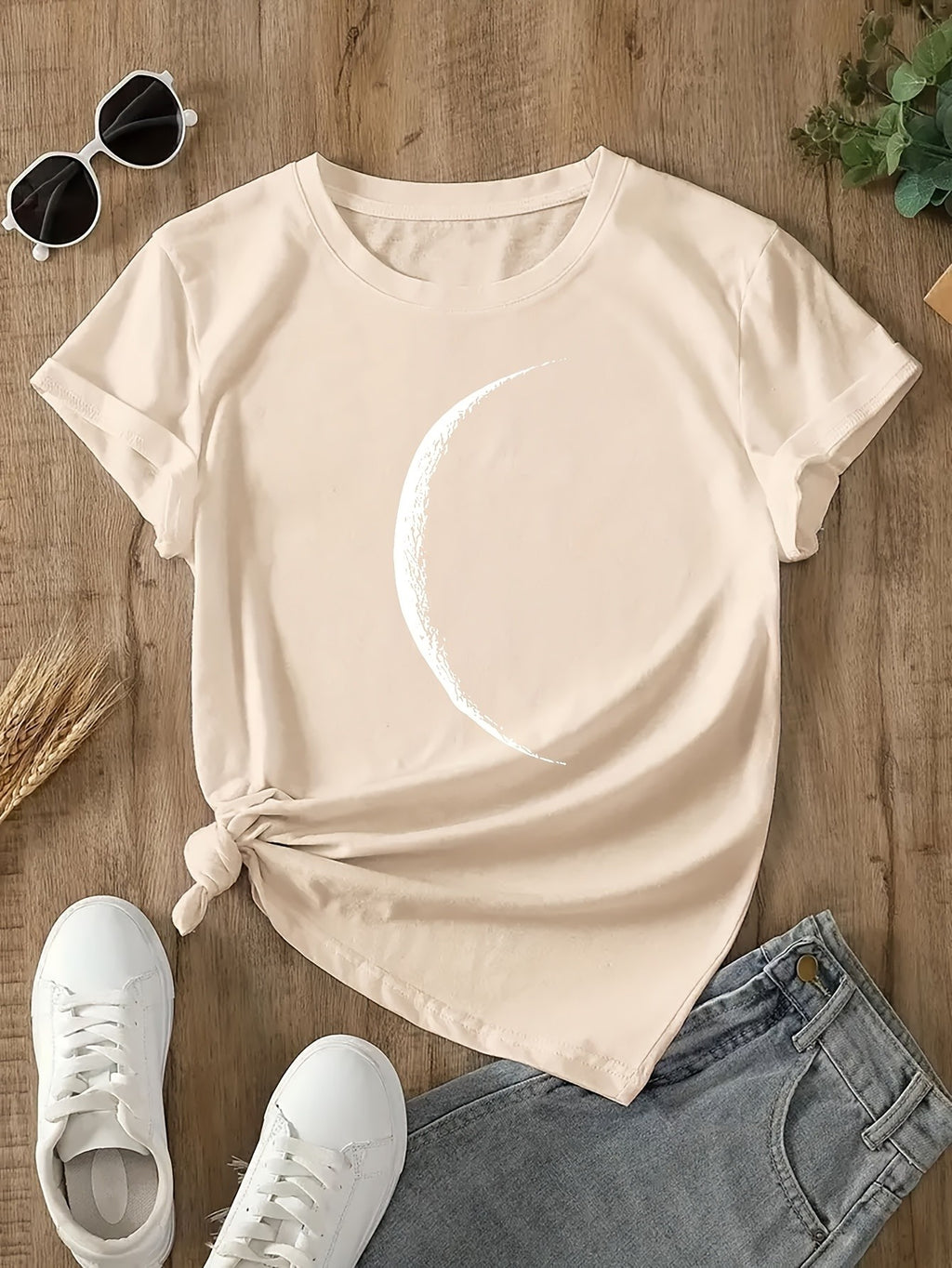 Crew Neck Letter Print Tee Women Chic Casual Short Sleeve Layering T-Shirt Soft Comfortable Everyday Top Neutral Colors