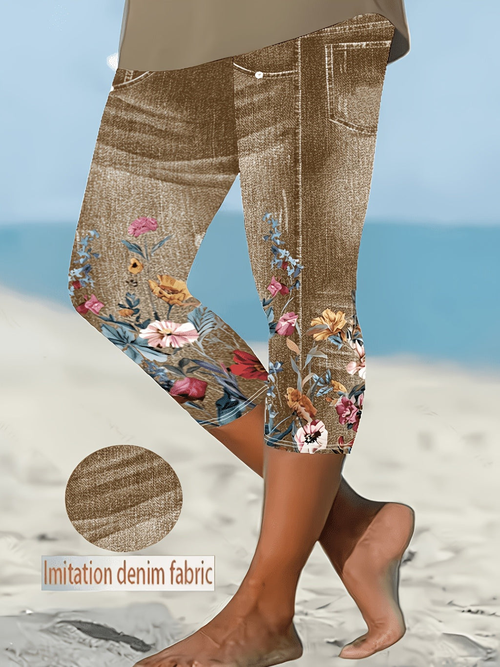 Faux Denim Print Capri Leggings for Women – Imitation Denim Floral Pattern 3/4 Length, Mid-Stretch Knit, Elegant Party Vacation Commute, 5 Colors S-XXL