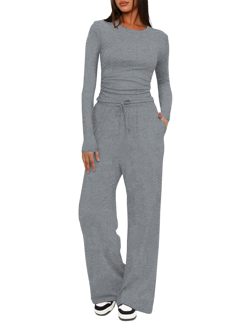 Women's 2 Piece Loungewear Set Casual Long Sleeve Top & High Waist Wide Leg Pants Sweatsuit Matching Outfit