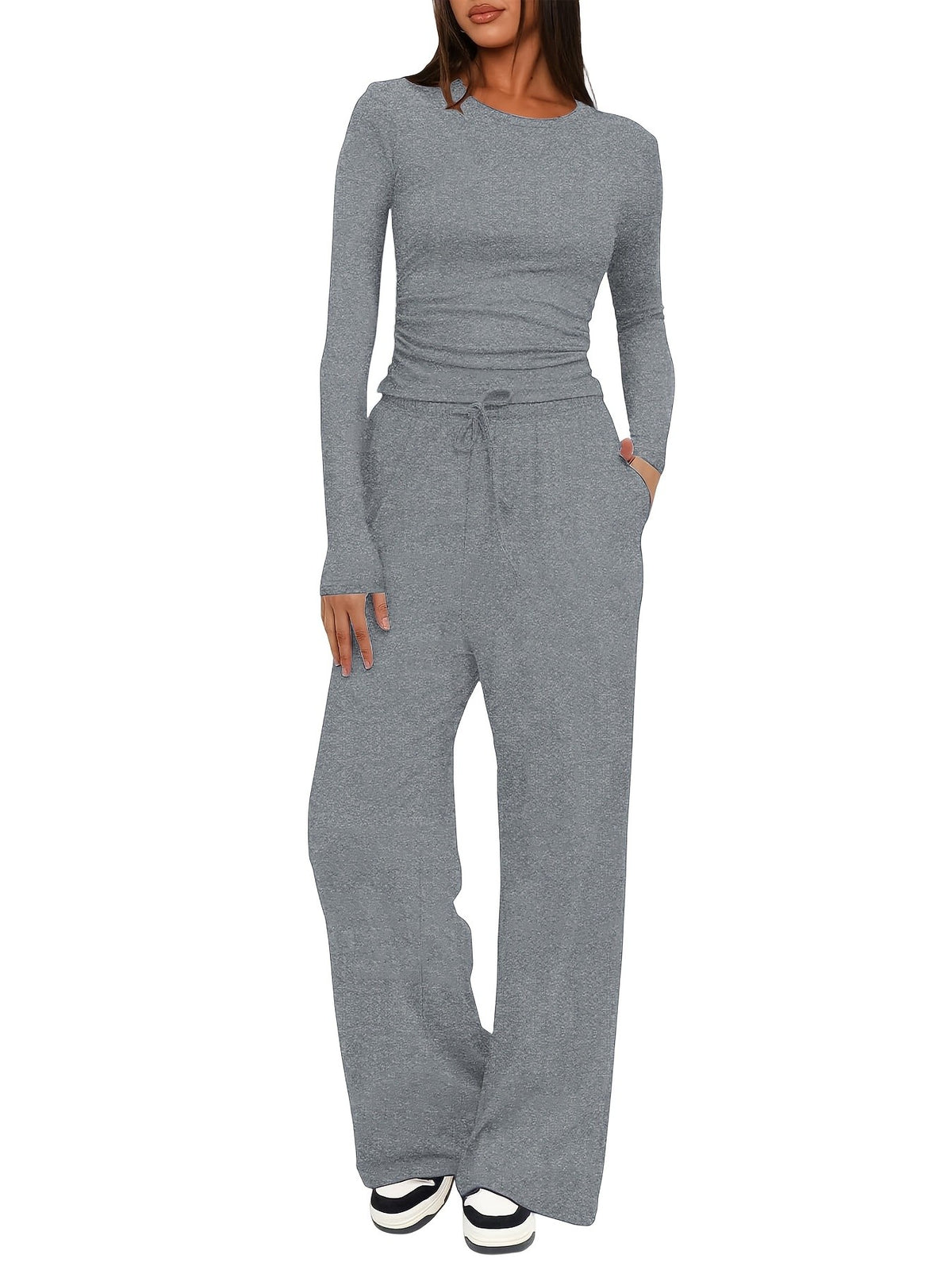 Women's 2 Piece Loungewear Set Casual Long Sleeve Top & High Waist Wide Leg Pants Sweatsuit Matching Outfit