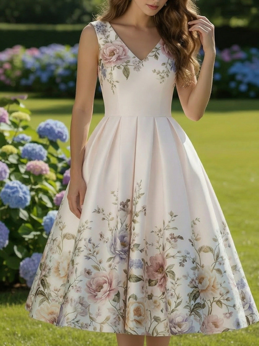 Printed Sleeveless V-Neck Dress Women Waist-Cinching Flared Skirt Elegant Spring Summer Casual Dress for Garden Party Date