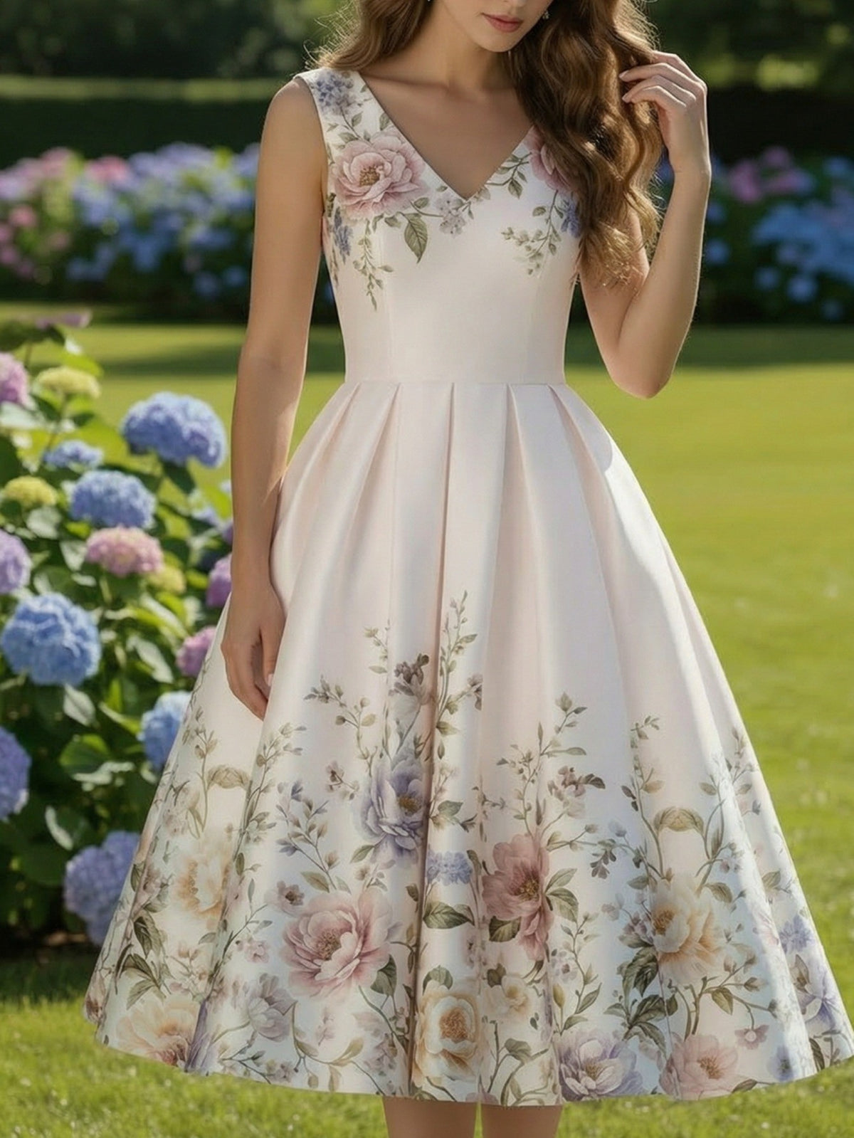 Printed Sleeveless V-Neck Dress Women Waist-Cinching Flared Skirt Elegant Spring Summer Casual Dress for Garden Party Date