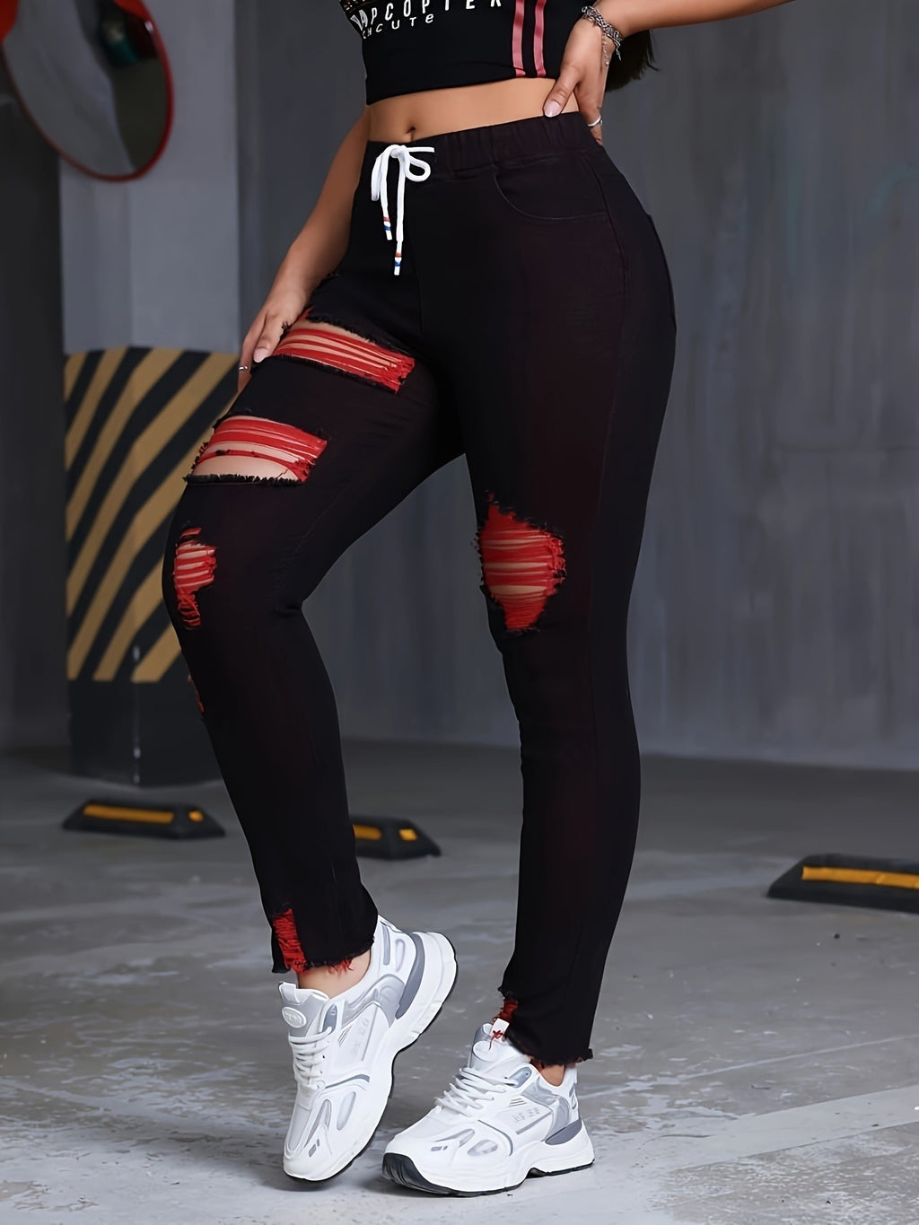 Black Red Distressed Skinny Jeans Women Drawstring Elastic Waist Stretch Ripped Denim S-XXL