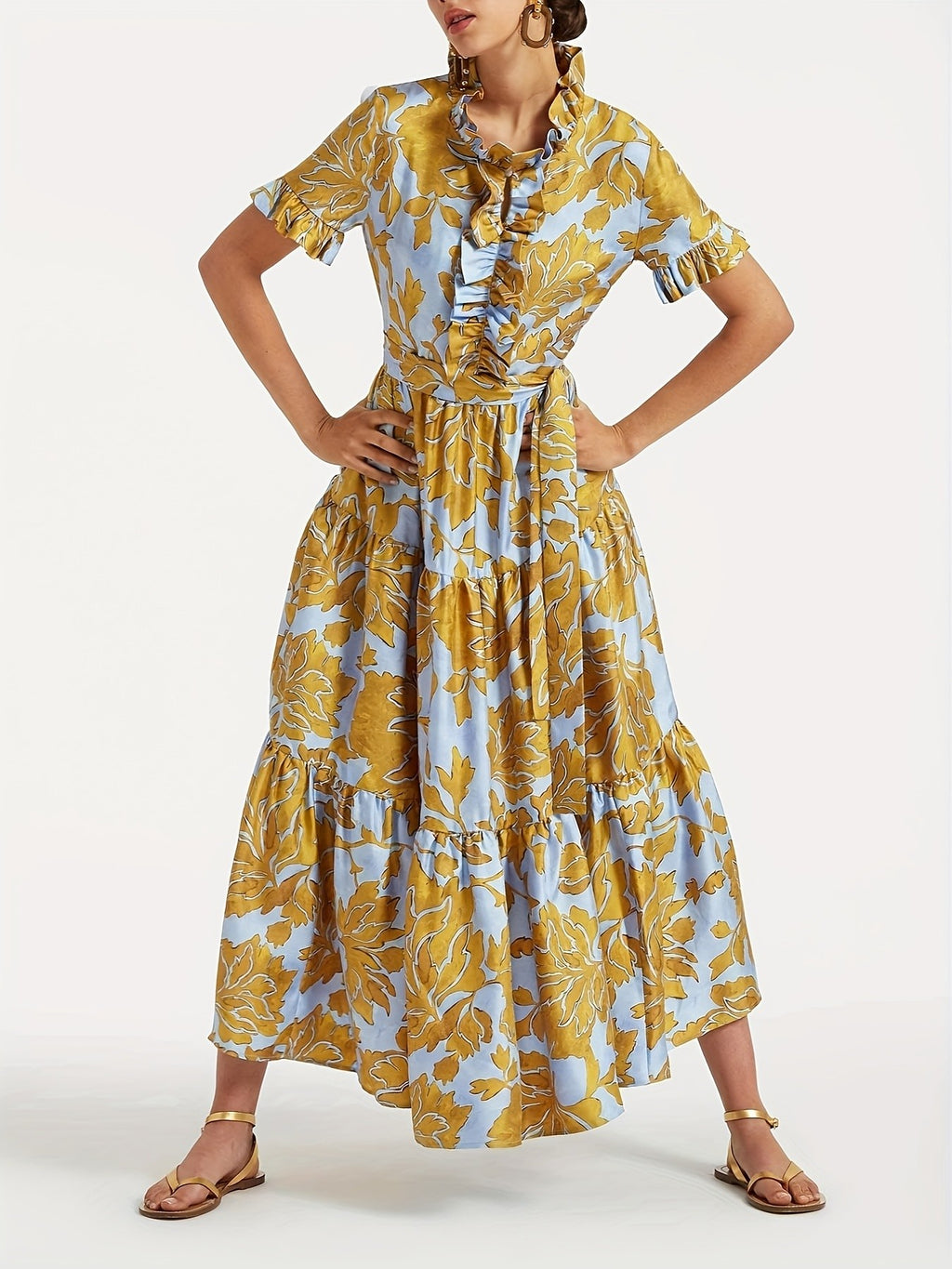 Floral Print Maxi Dress Women V-Neck Ruffle Chest Belted Waist Tiered Skirt with Pockets | Blue Yellow Short Sleeve Summer Dress