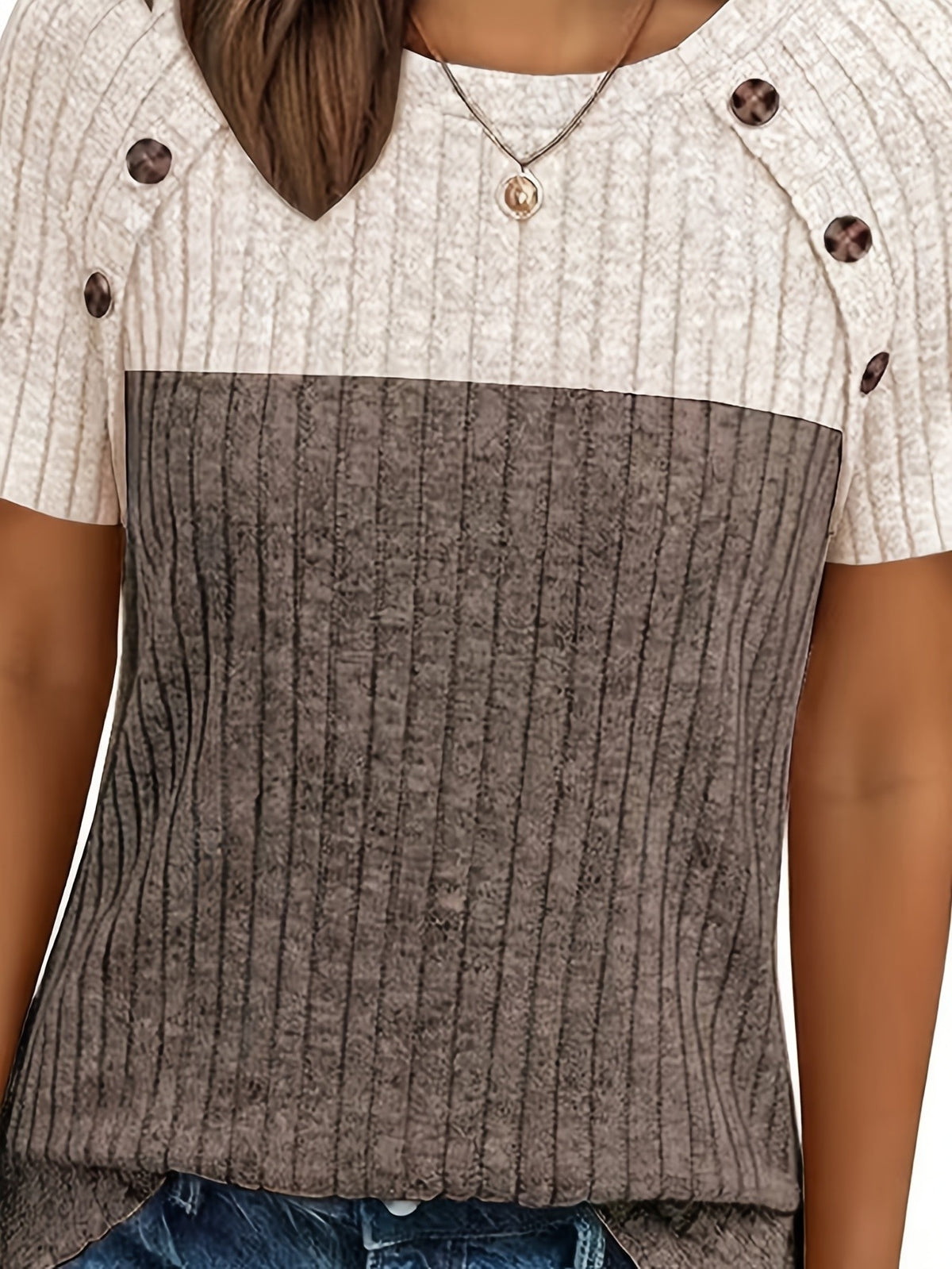 Two-Color Colorblock Pullover Top Women Round Neck Tie Button Short Sleeve Loose Casual Elegant Basic Shirt S-XXL