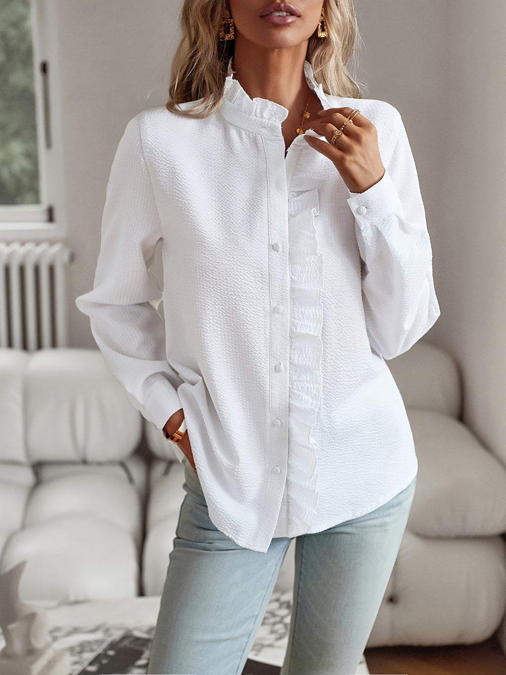 Women's Ruffle Button Lace Long Sleeve Blouse Shirt Collar Solid Color Machine Washable All Season Casual Formal Top