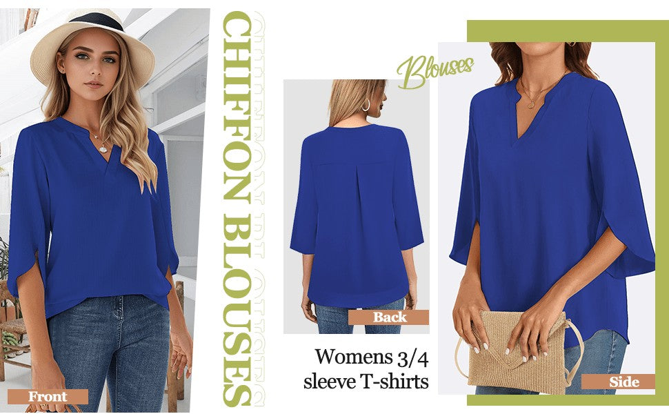 Chiffon Ruffle Blouse Women 3/4 Sleeve V-Neck Double Layer Loose Fit Casual Flowy Lightweight Top for Women