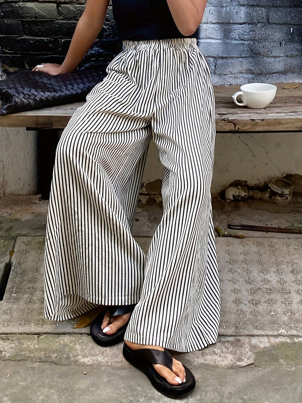 Striped Wide Leg Pants Women Elastic Waist Vertical Stripe Casual Trousers Comfortable Year Round Wear Machine Washable