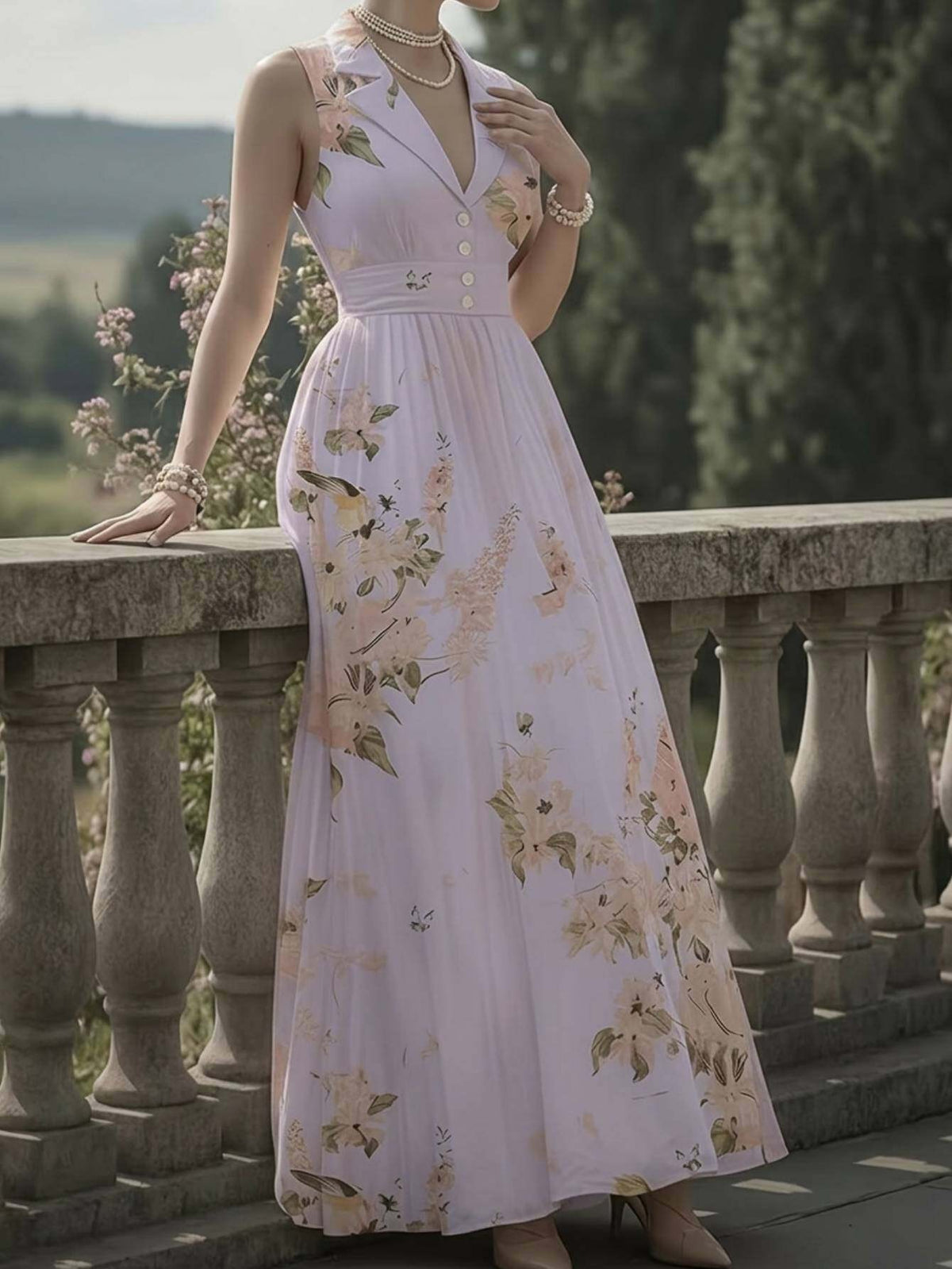 Vintage Print Lapel Dress Women Sleeveless Waist-Cinching Elegant A-Line Dress Spring Summer Date Afternoon Tea Semi-Formal Dress S-XXL