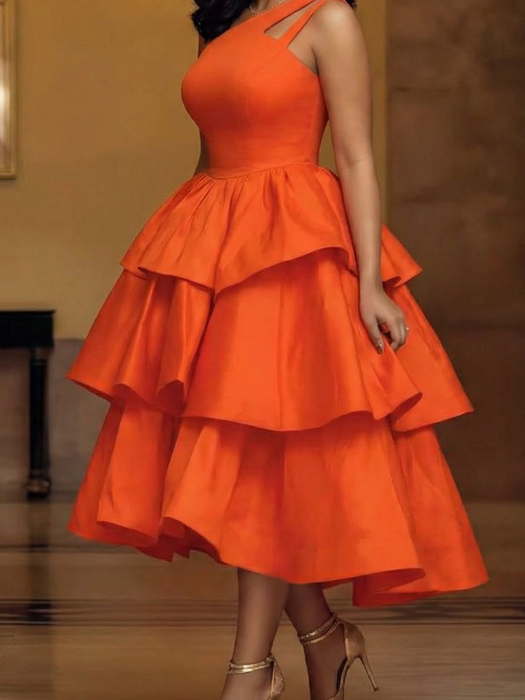 Orange One-Shoulder Cutout Tiered Midi Dress for Women – Eye-Catching Party Gown for Birthday Dinners, Gatherings & Summer Events