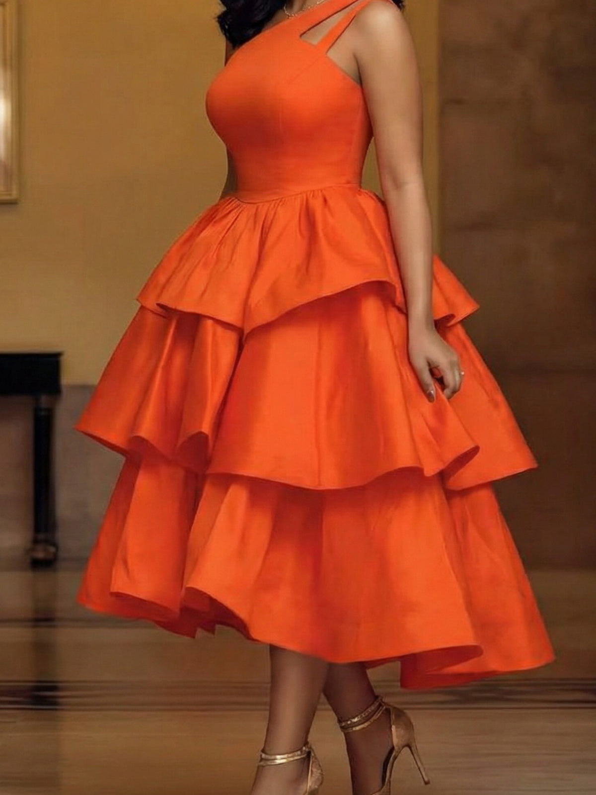 Orange One-Shoulder Cutout Tiered Midi Dress for Women – Eye-Catching Party Gown for Birthday Dinners, Gatherings & Summer Events